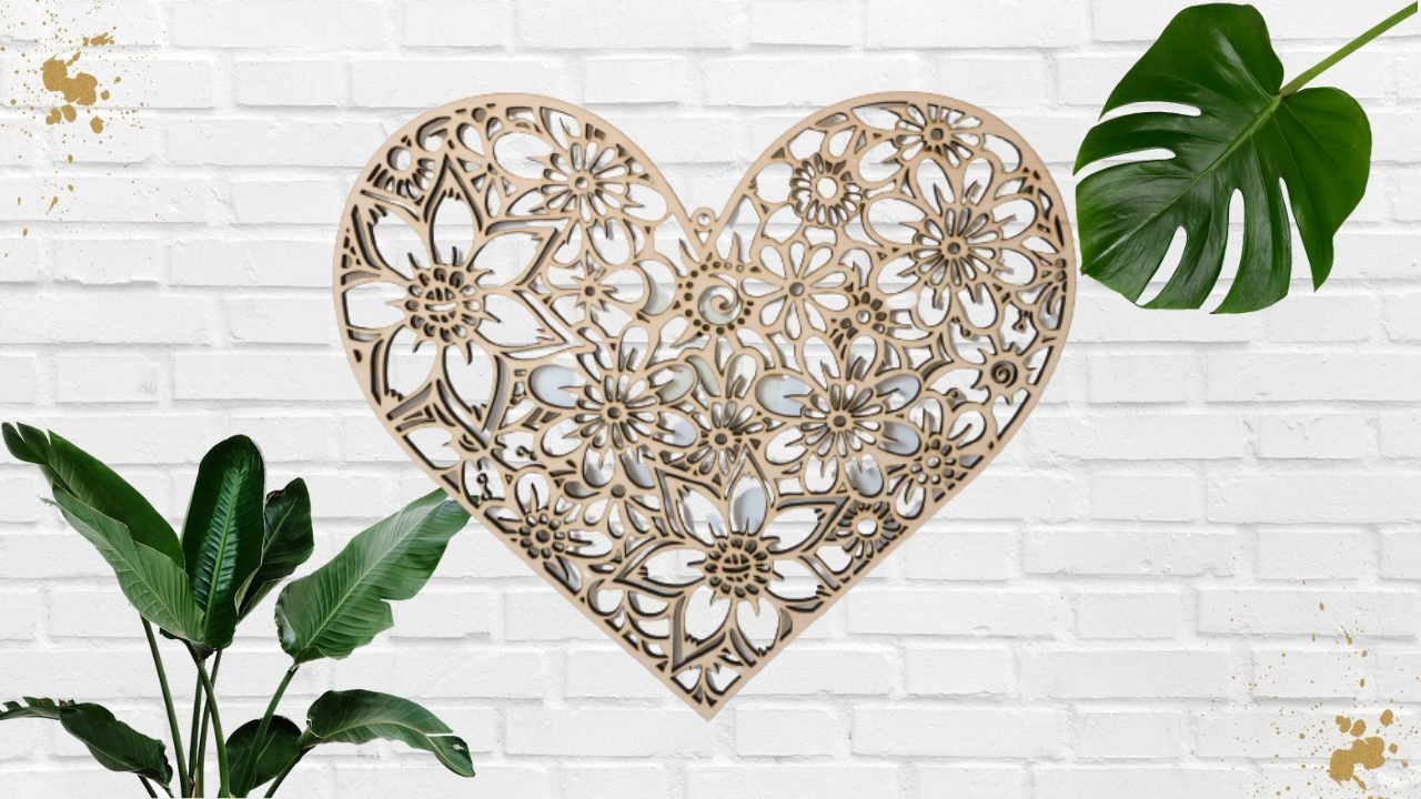 Wanddeko, Wandschild Herz aus Holz mit Ornament Muster