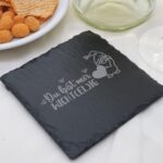 Lustiger Schieferuntersetzer graviert, Spruch Motiv